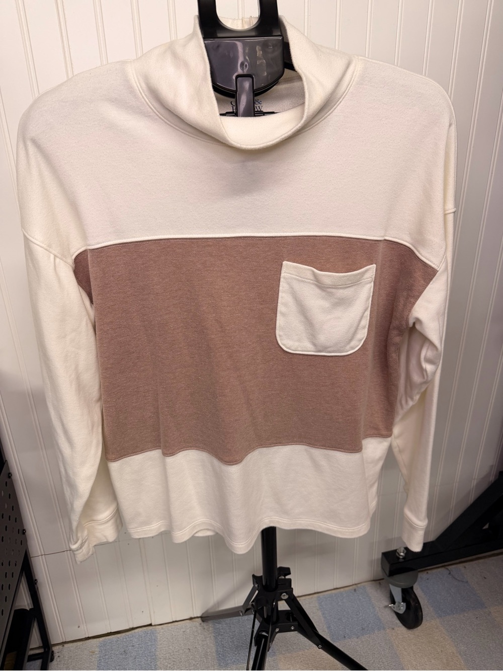 croft & barrow Cream and Brown Colorblock Turtleneck Pocket Sweatshirt